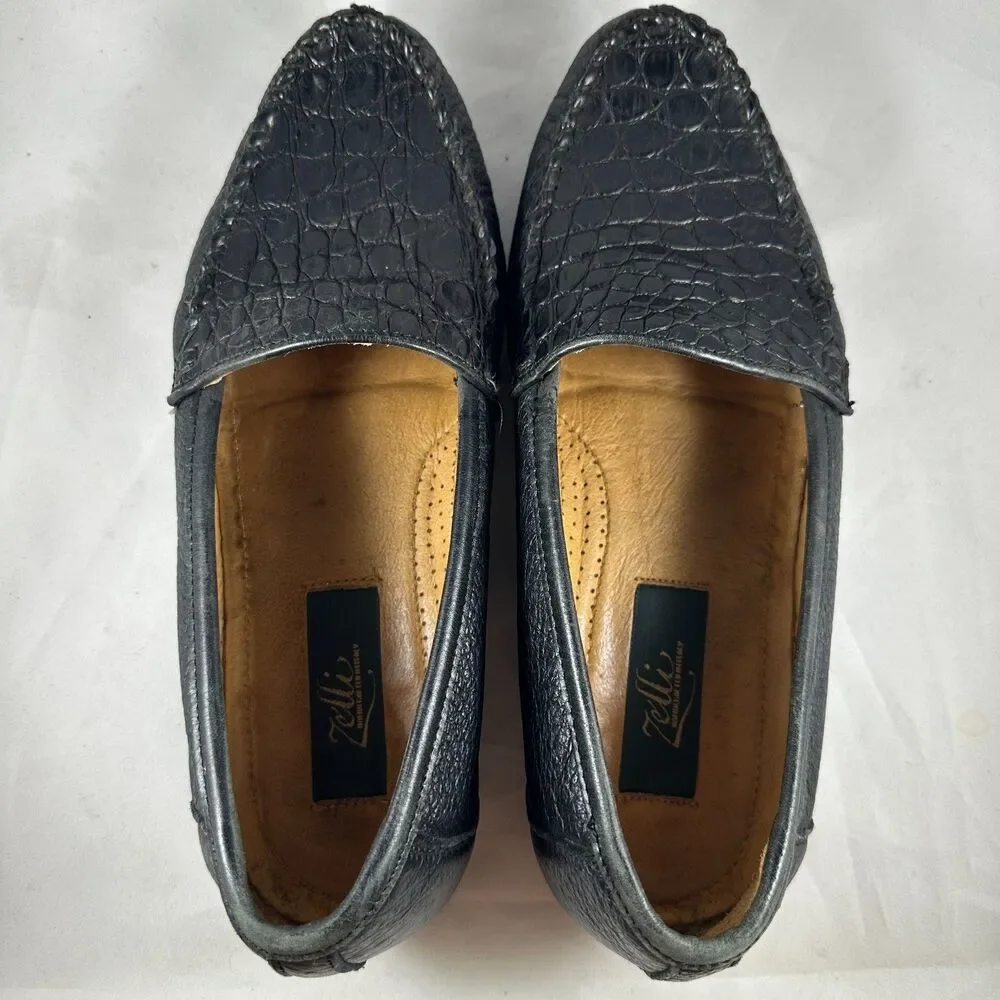 Zelli Mens Size 8M Loafers Shoes Black Genuine Crocodile Italy Hand Crafted